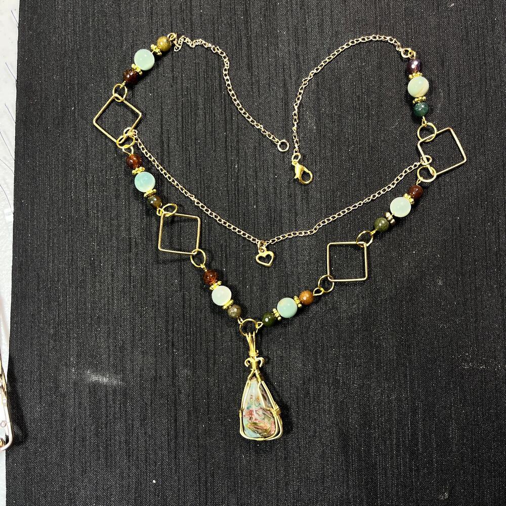 Ocean Jasper gemstone Amazonite Agate beads wire wrap 20" necklace pendant